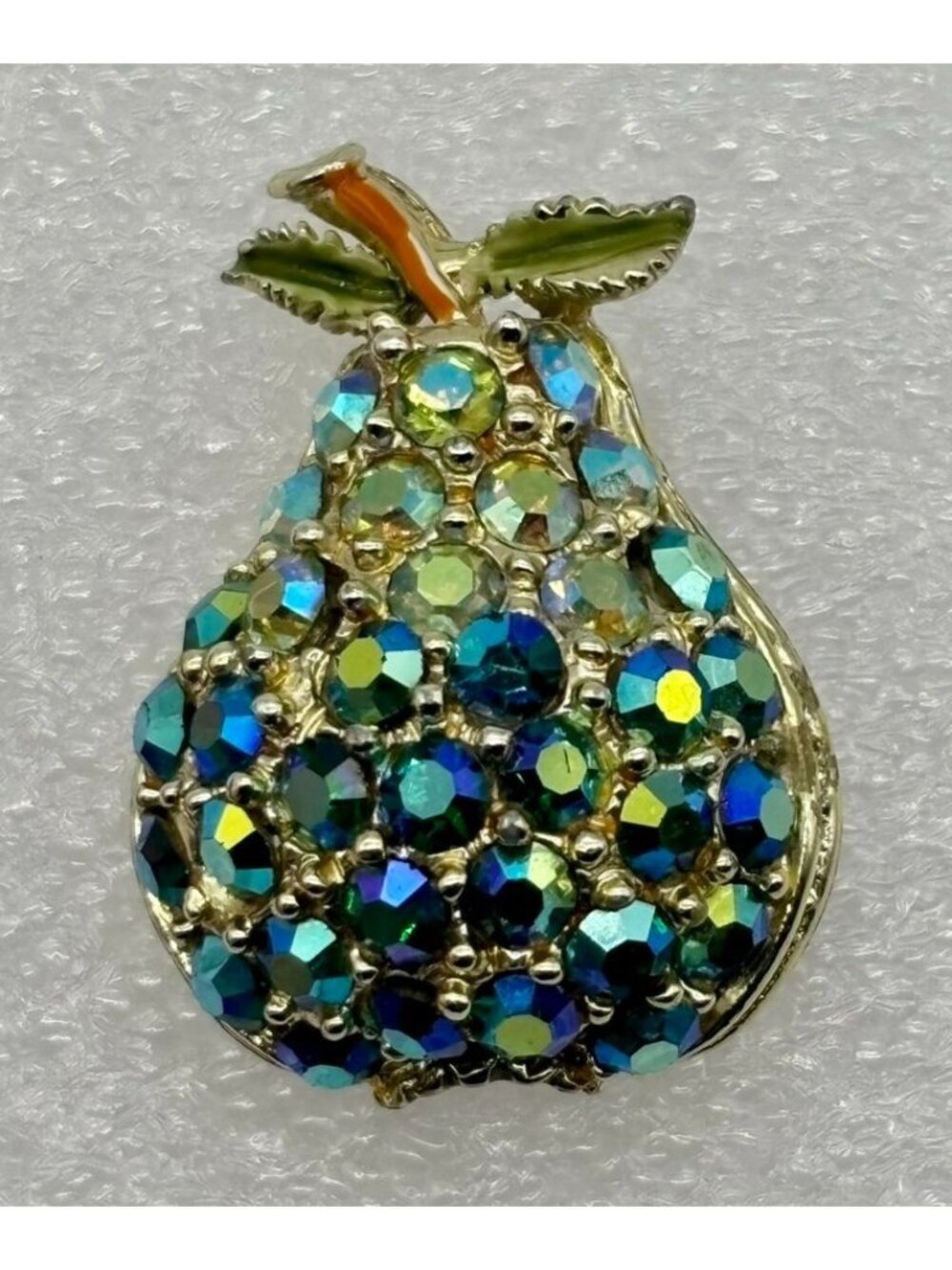 Vintage Gold-Tone Enameled Peacock Blue Green Rivoli Glass Fruit Pear Brooch Pin